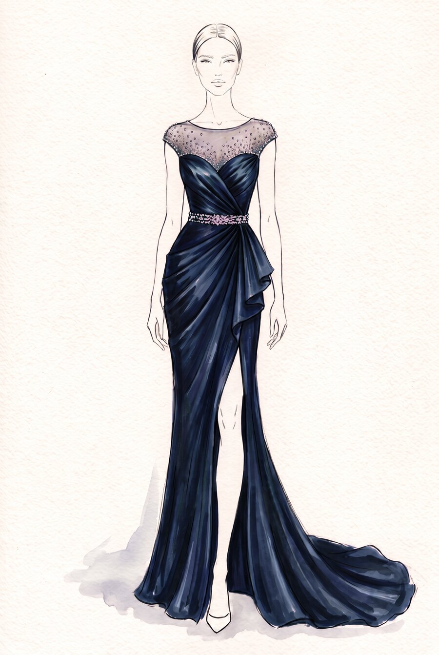 Illustration of a formal deep navy gown with draped silhouette and embellished neckline