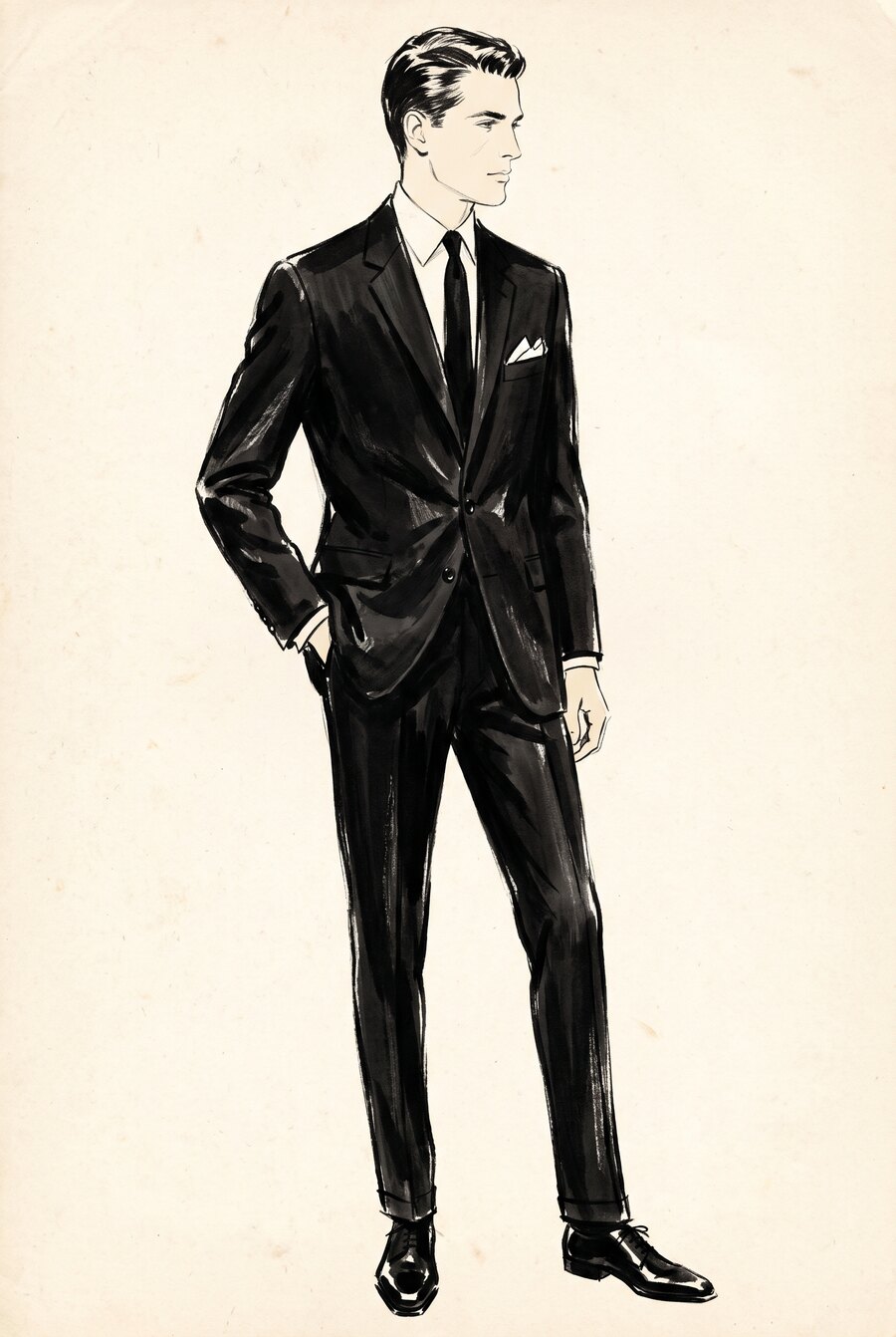 Illustration of a black suit with a white shirt, black tie, and polished black shoes